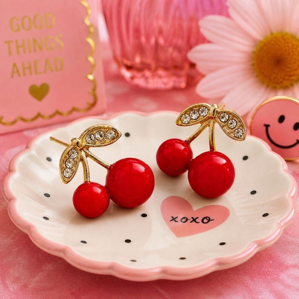 Whimsical Cherry Red & Gold Tone Fruit Earrings